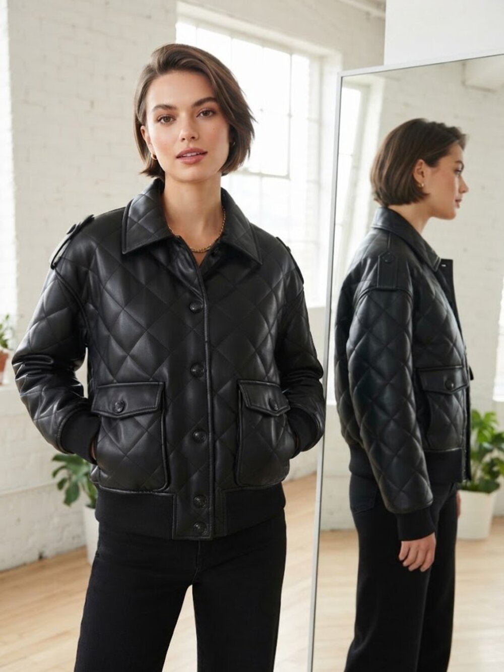 Rebecca Minkoff Black Vegan Leather Bomber Moro Green Lining Jacket - Size Large
